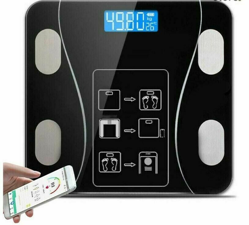 Bilancia pesapersone intelligente digitale Bluetooth nera con display e sensori