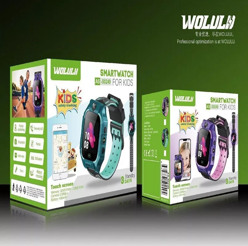 Confezione orologio smart bambini con scatola verde e blu, modello con cinturino azzurro