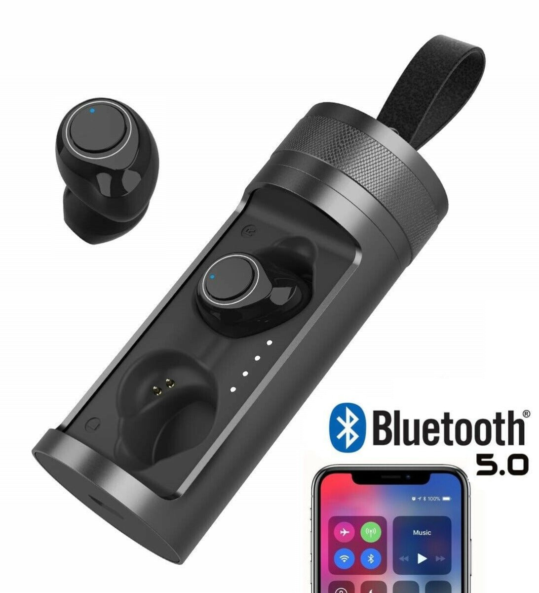 Auricolari TWS neri con custodia compatta e microfono integrato