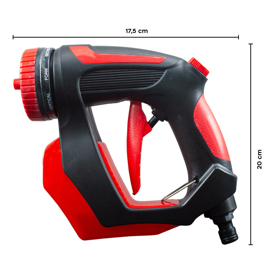 Pistola ad acqua multifunzione nera e rossa con dimensioni indicate 17,5 x 20 cm