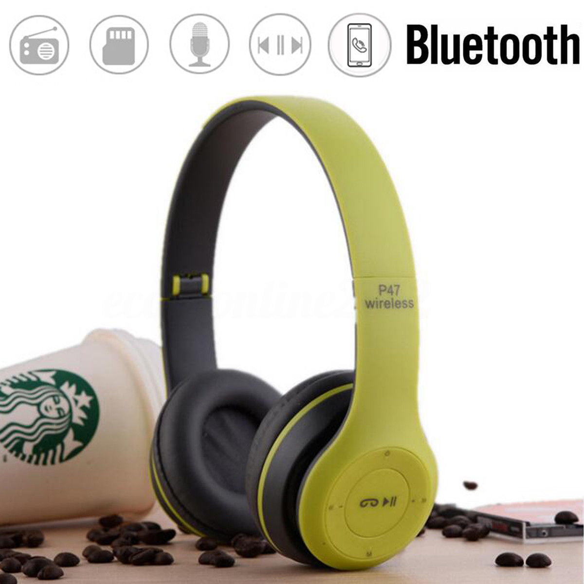 Cuffie Bluetooth over-ear pieghevoli color verde lime e nero con microfono