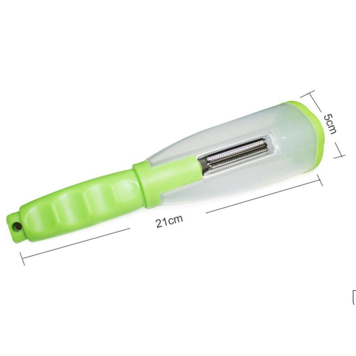 Pelapatate con contenitore lungo 21 cm, manico verde e lama in acciaio