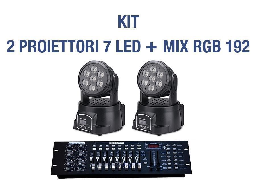 Kit con 2 proiettori LED RGB rotanti e mixer da palco nero
