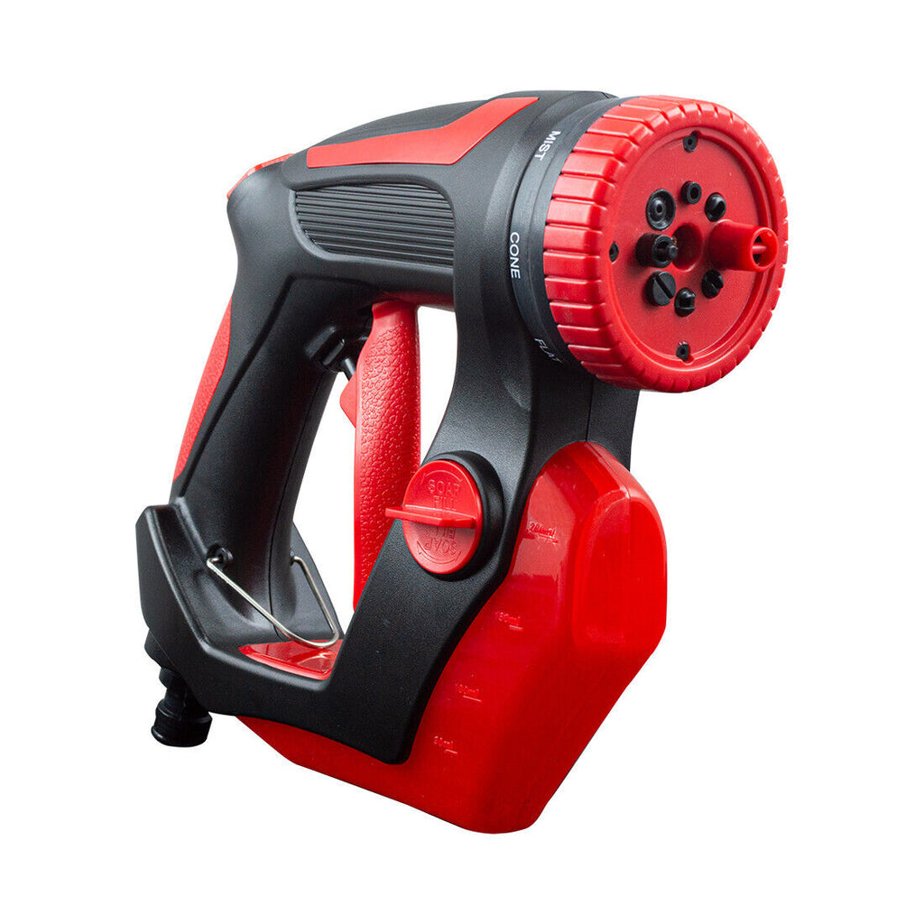 Pistola ad acqua multifunzione con serbatoio rosso e testa rossa con ugelli