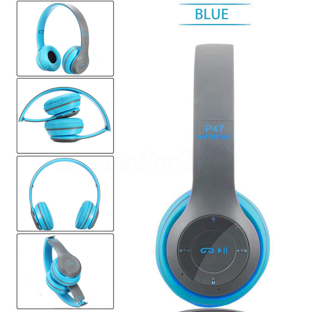 Cuffie Bluetooth over-ear pieghevoli blu con padiglioni imbottiti e controlli