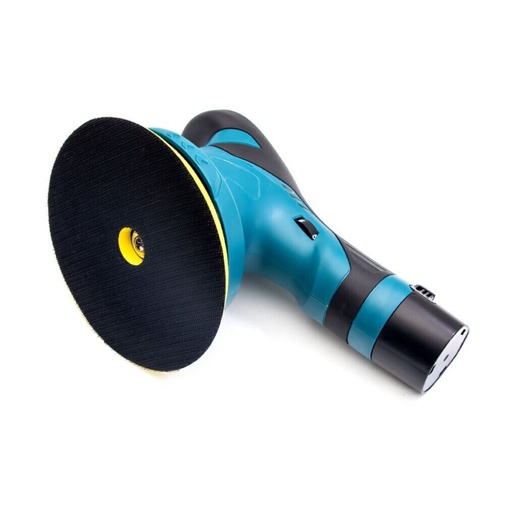 Levigatrice rotorbitale blu con disco nero in tessuto e maniglia nera