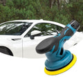 Levigatrice rotorbitale a batteria 12V blu e nera con disco giallo
