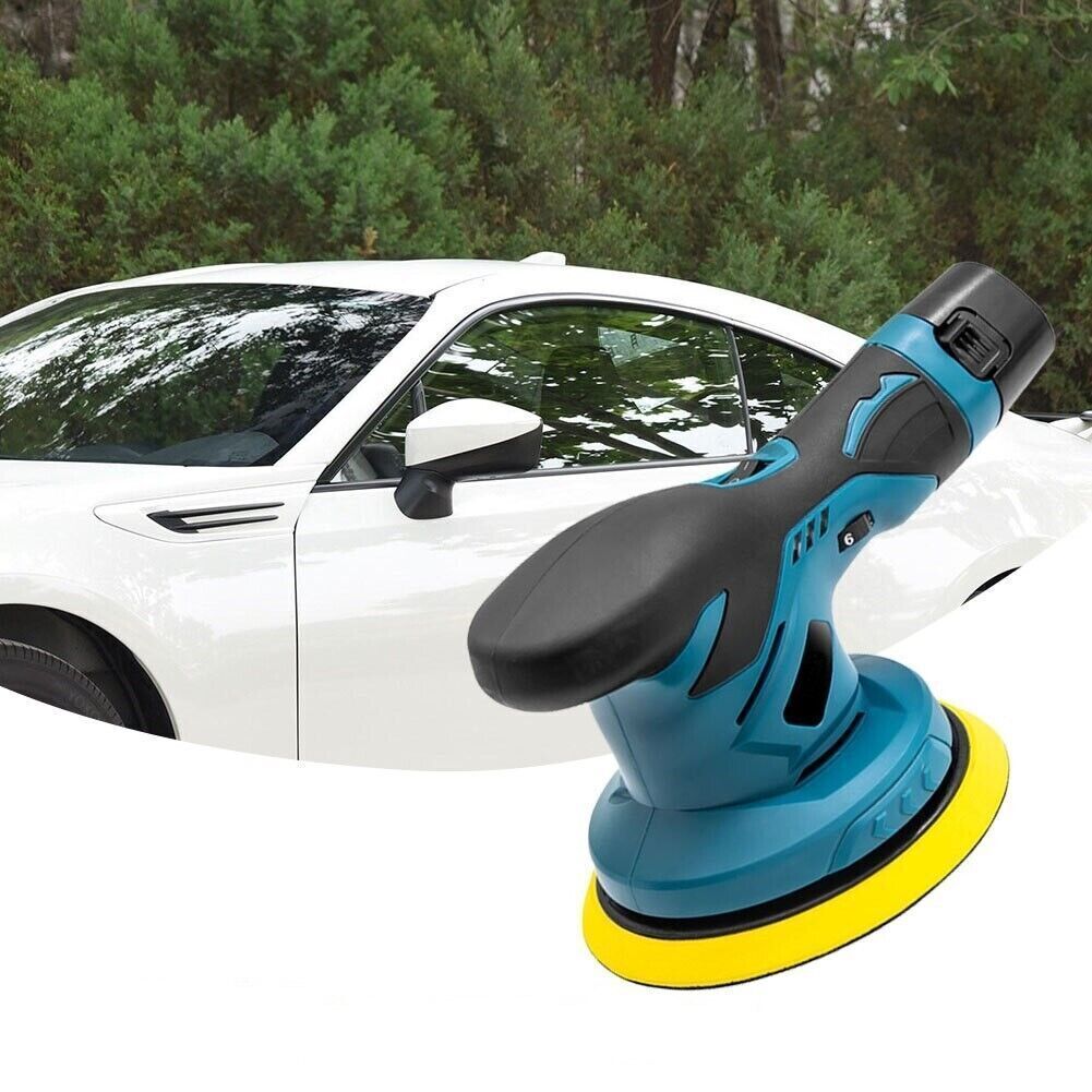 Levigatrice rotorbitale a batteria 12V blu e nera con disco giallo