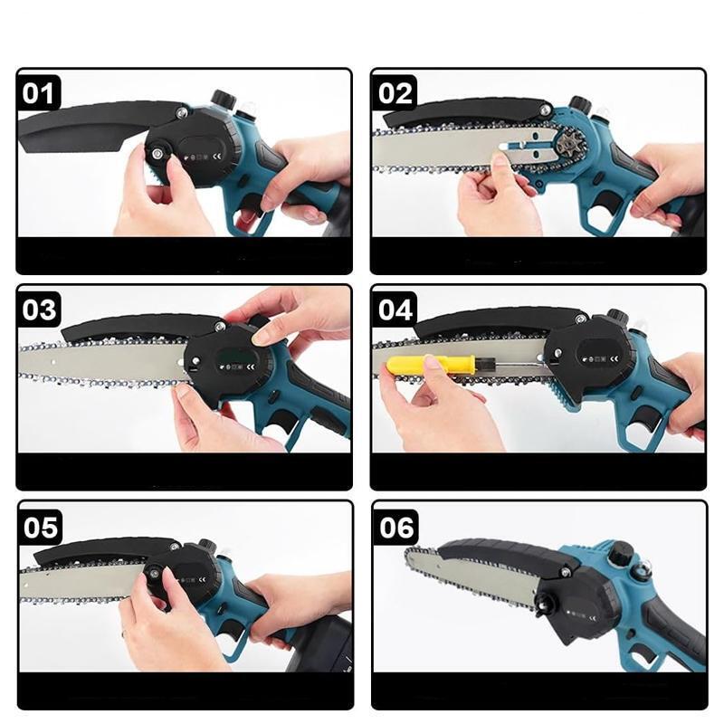 Mini motosega elettrica a batteria blu/nera con catena e carter nero