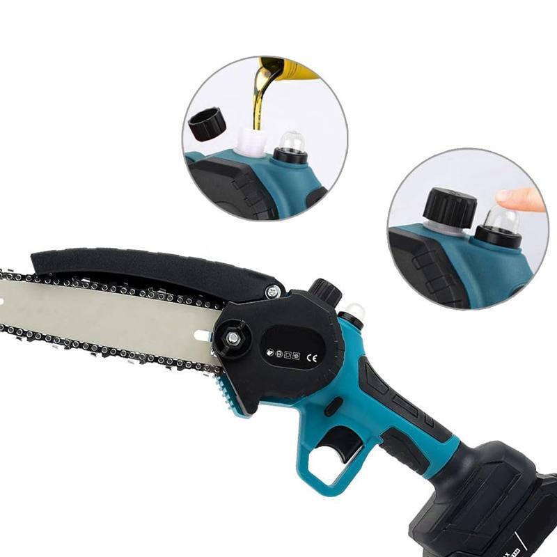 Mini motosega elettrica a batteria blu/nera con catena e impugnatura