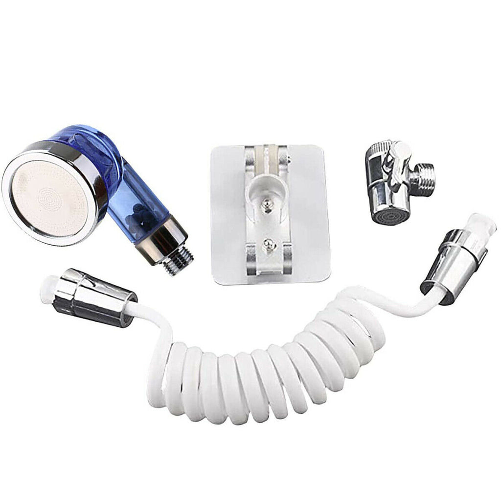 Kit doccetta portatile con soffione blu, tubo spiralato bianco e staffa cromata