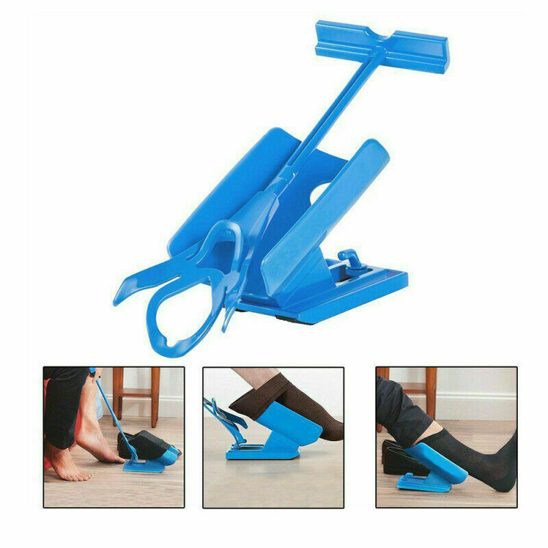 Calzascarpe per calze in plastica azzurra con impugnatura e base