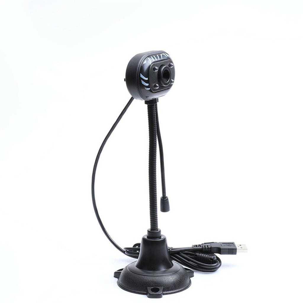 Webcam HD nera con supporto a ventosa e cavo USB, testa orientabile.