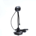 Webcam HD nera con supporto a ventosa e cavo USB, testa orientabile.
