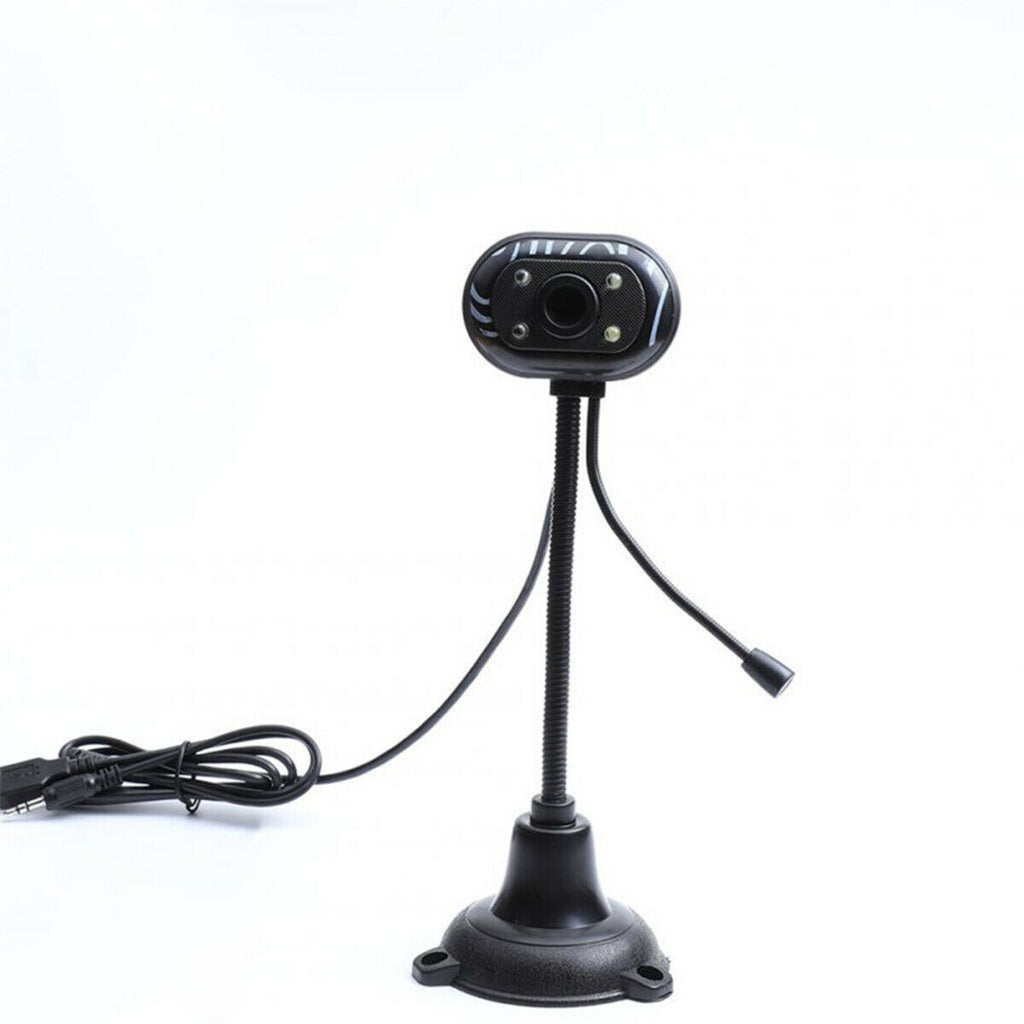 Webcam HD nera con base circolare e cavo, testa con lente e dettagli.