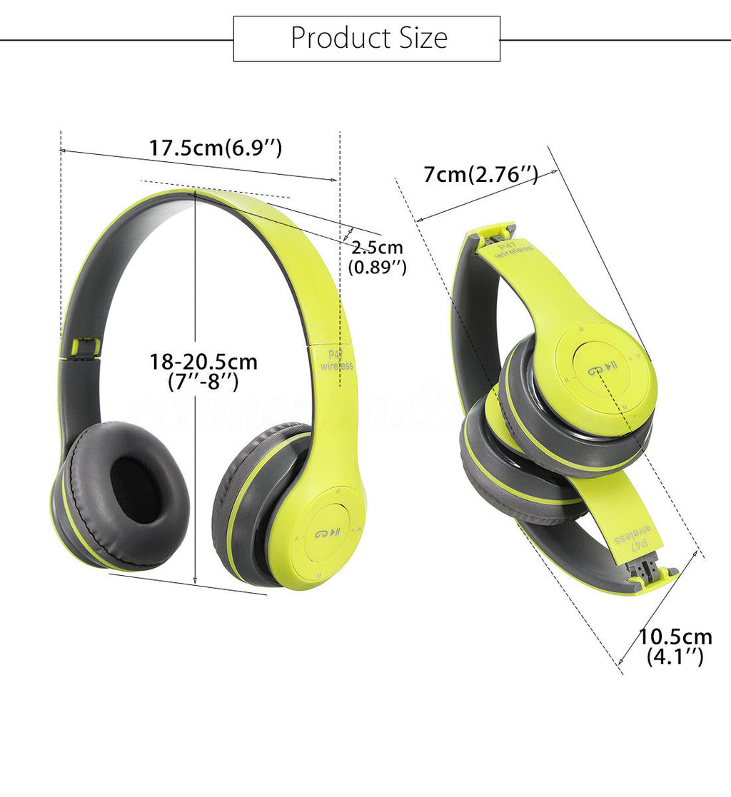 Cuffie Bluetooth pieghevoli con misure indicate su archetto e padiglione