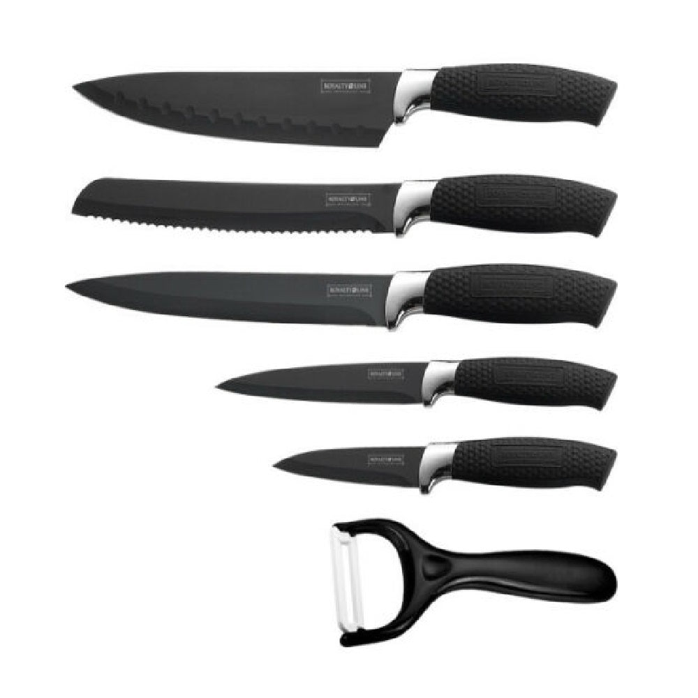 Set di coltelli da cucina e pelapatate con manici neri e lame scure