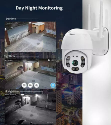 Telecamera IP bianca con due antenne e schermo di sorveglianza, visione laterale