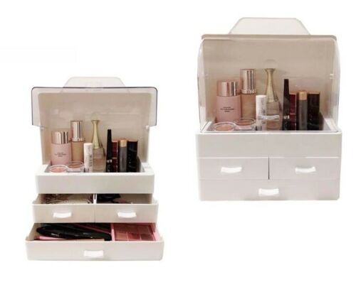 Organizer per cosmetici a 3 cassetti bianco, coperchio trasparente e maniglia