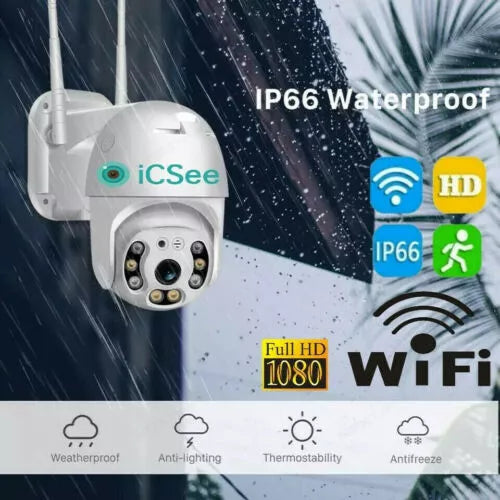 Telecamera IP esterna bianca con due antenne, gocce d'acqua e indicatore Wi‑Fi