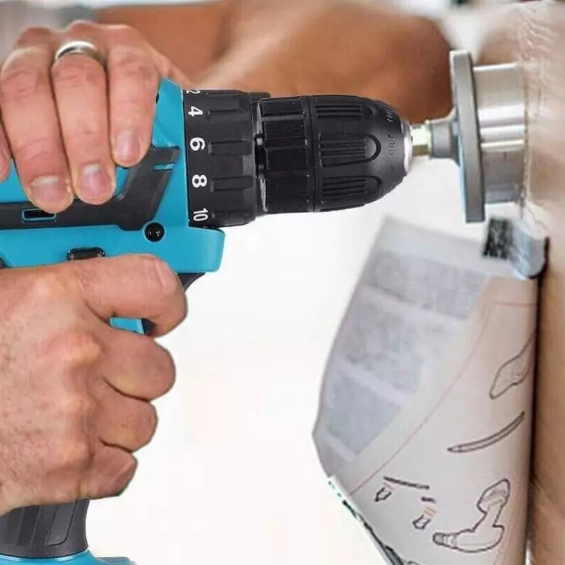 Trapano avvitatore 48V blu con punta avvitata in materiale, leva numerata