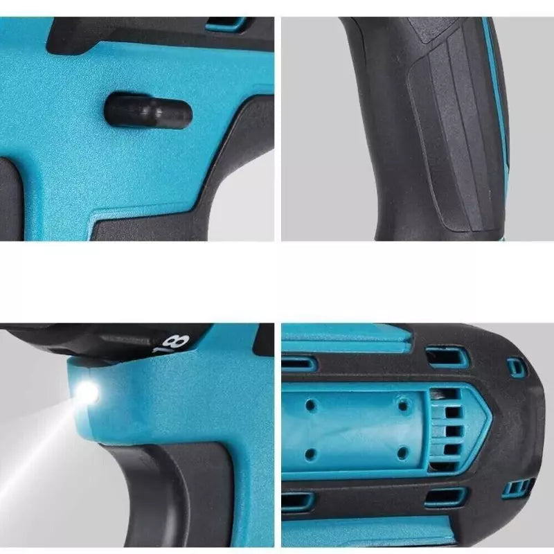 Trapano avvitatore 48V blu: impugnatura e selettore numerato, presa in dettaglio