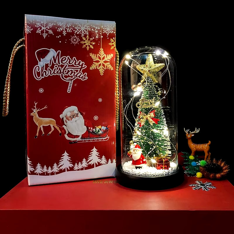 Cupola di vetro con luci LED, albero decorato, stella dorata, Babbo Natale e renne