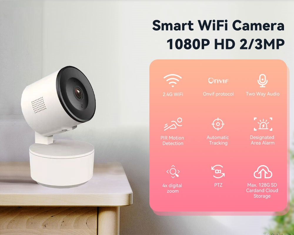 Telecamera IP Wi‑Fi bianca con base rotonda e lente frontale