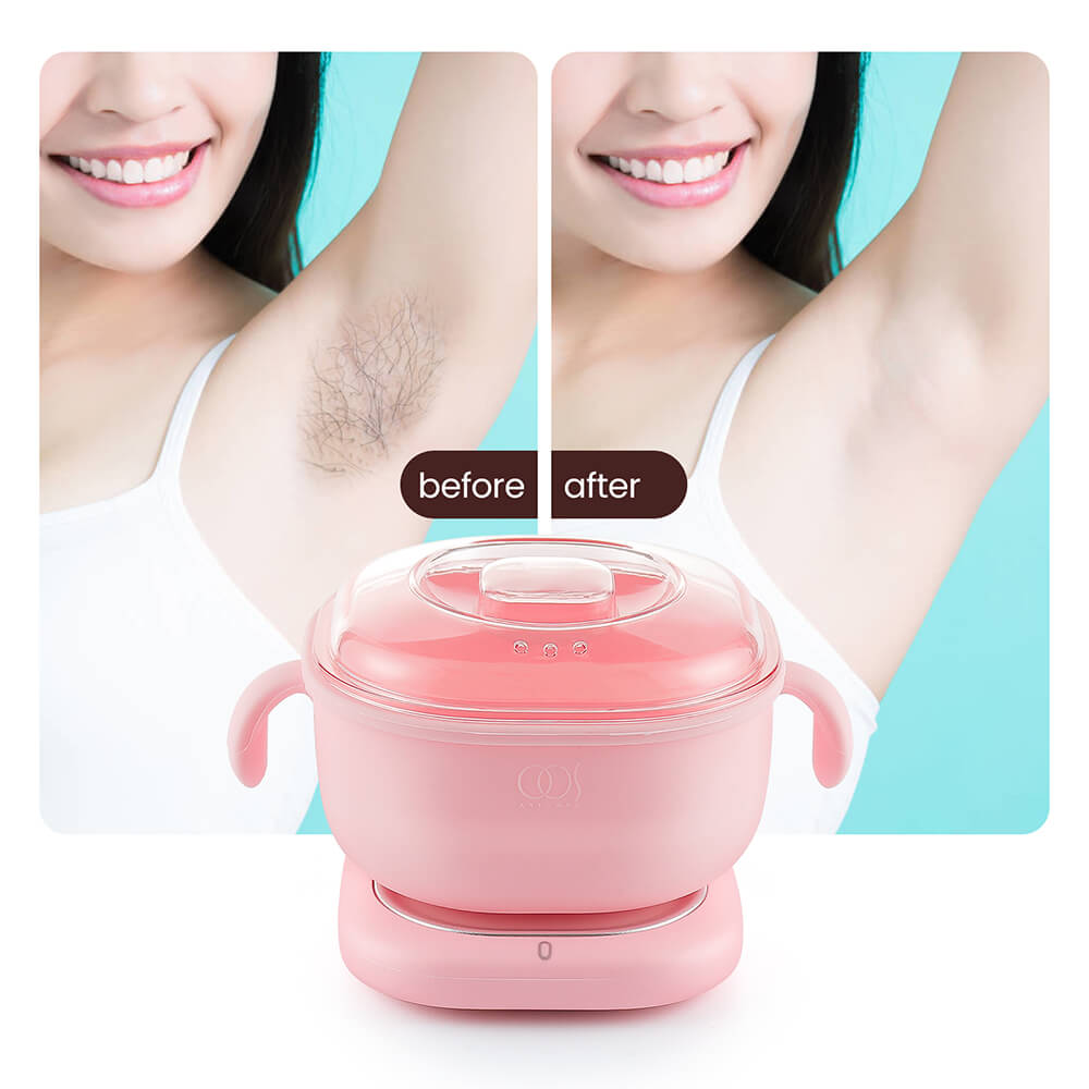 Scaldacera in silicone rosa con base riscaldante, mostrato con trattamento depilatorio.
