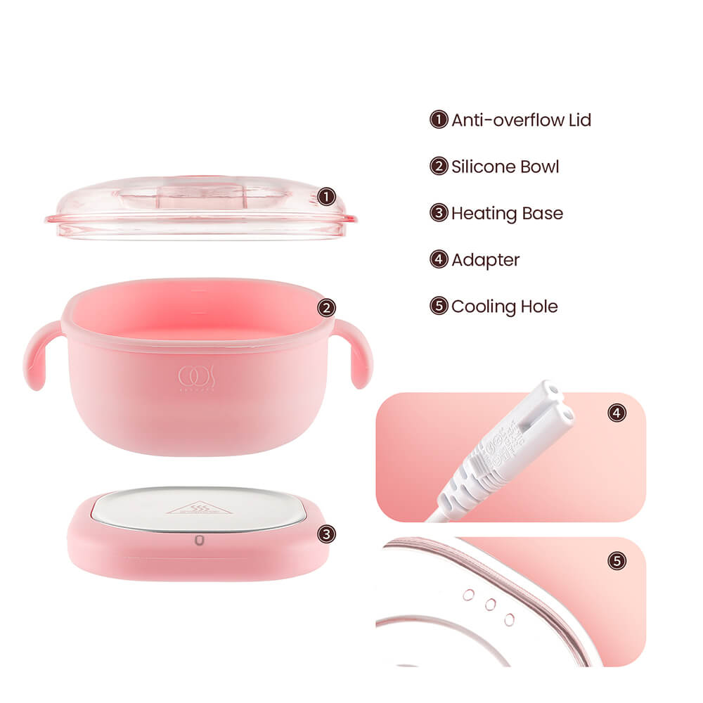 Scaldacera con coperchio, ciotola in silicone, base riscaldante, adattatore e foro.