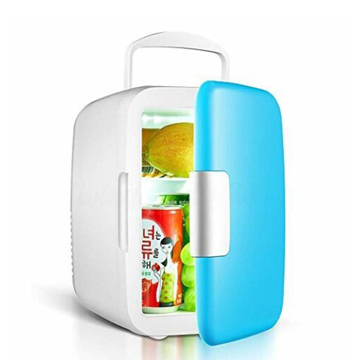 Frigo portatile bianco con coperchio aperto e vano interno con bottiglie e alimenti