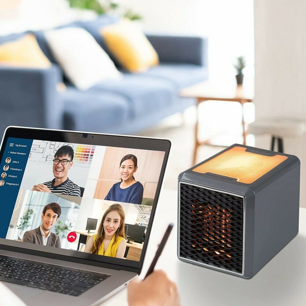 Stufa elettrica portatile grigia con griglia frontale e pannello luminoso arancione