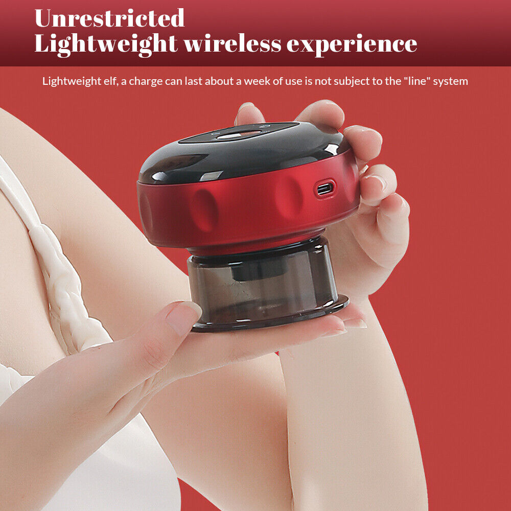 Massaggiatore a coppettazione elettrico rosso e nero in mano con porta laterale USB