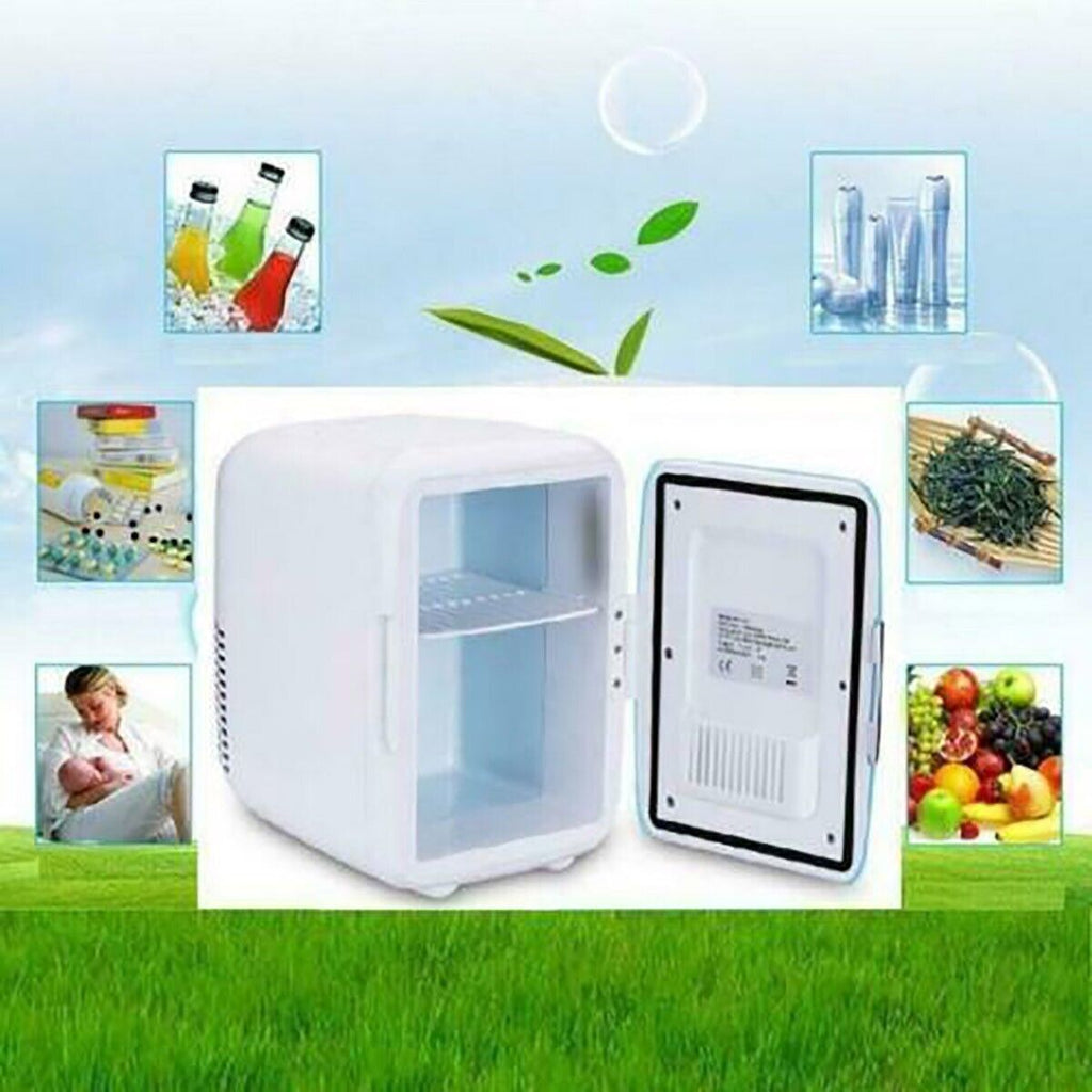 Frigo portatile bianco aperto con sportello e vano interno con ripiano