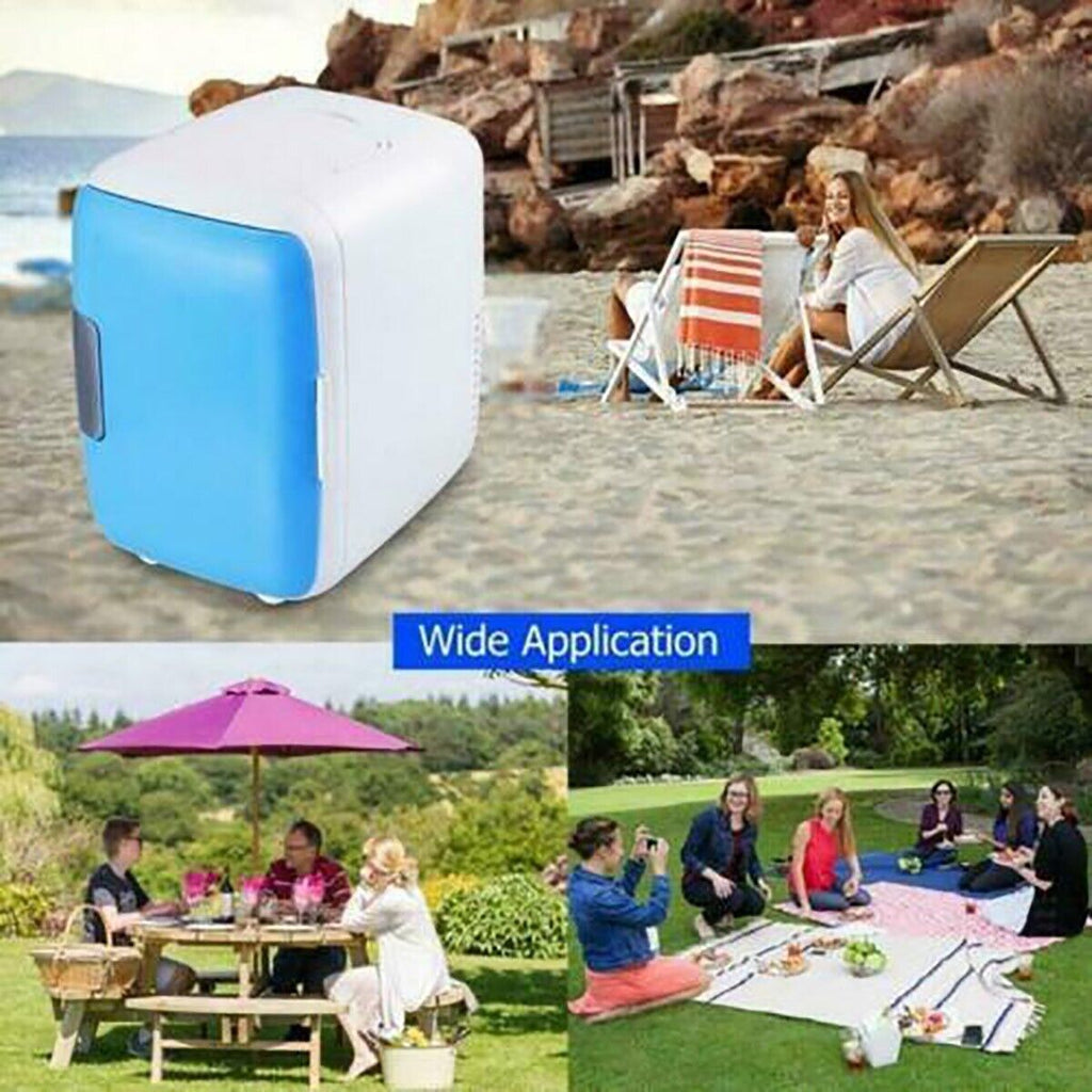 Mini frigo portatile bianco e blu con coperchio chiuso e base sagomata