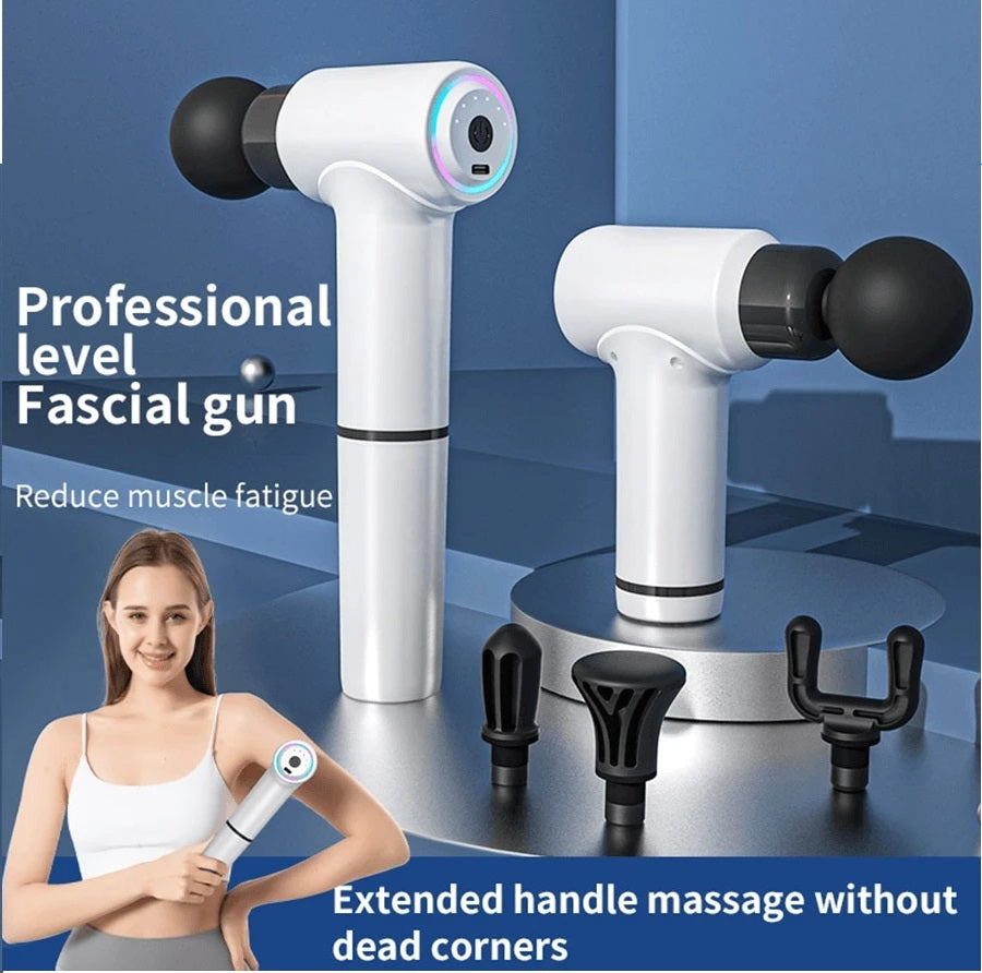 Massaggiatore portatile fascial gun bianco con testina nera e luci colorate