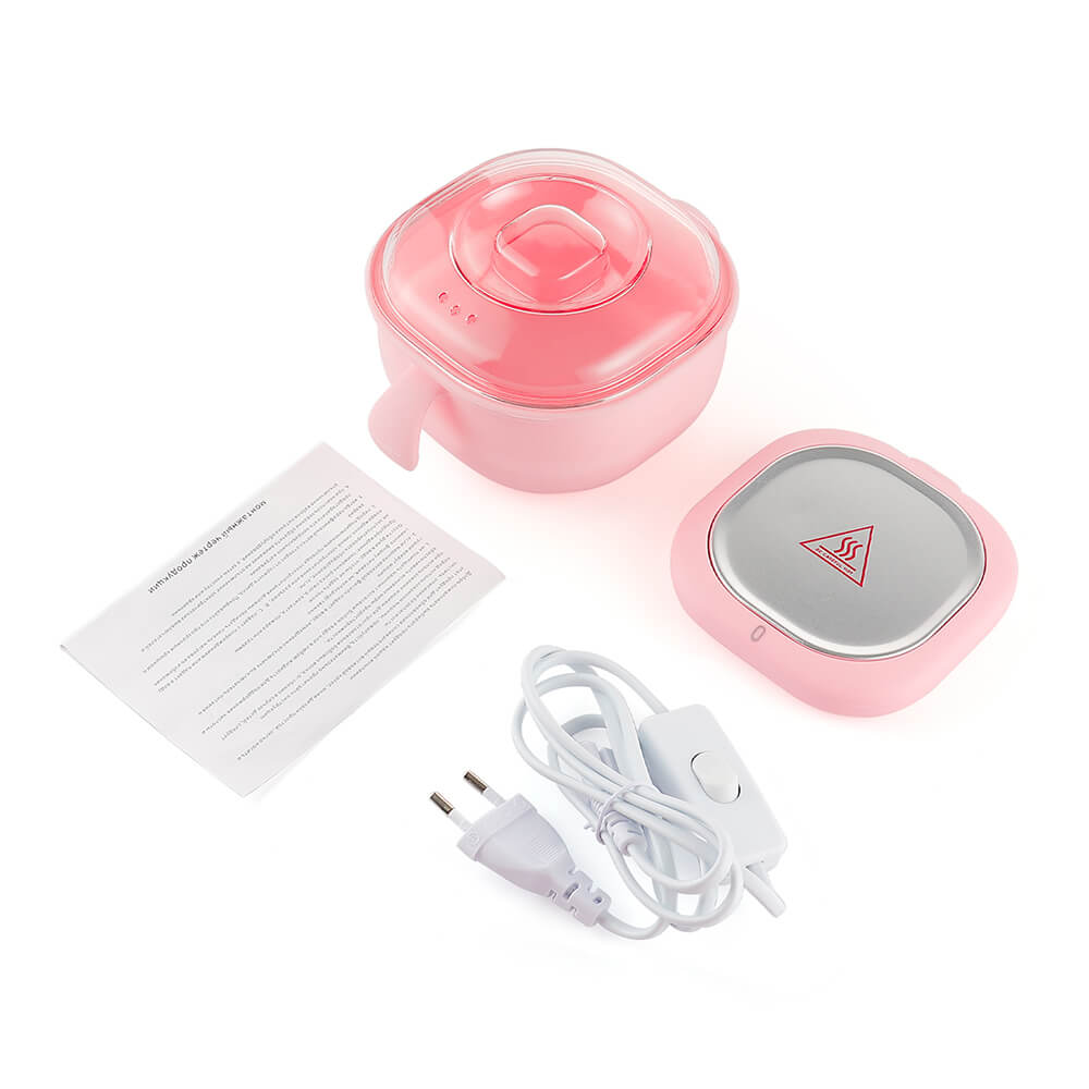 Scaldacera in silicone rosa con base, display e accessori: cavo e istruzioni
