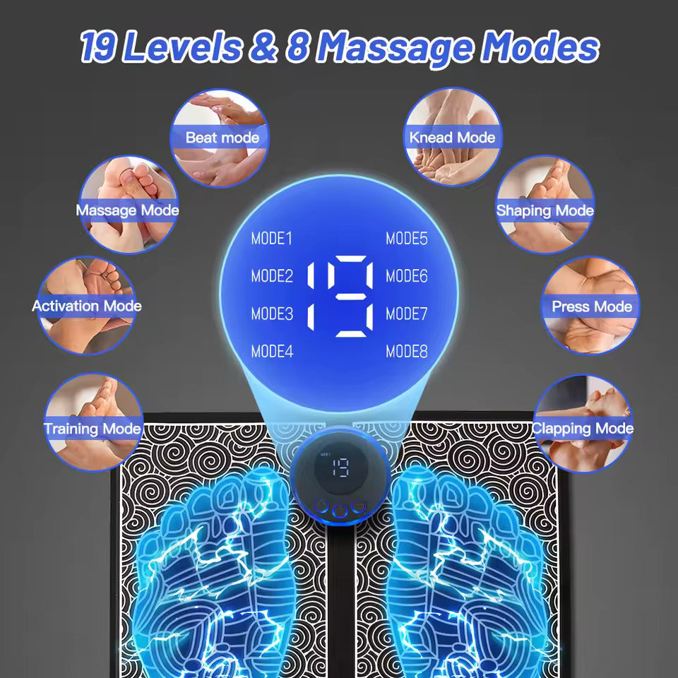 Massaggiatore plantare EMS con controller e modalità su display blu