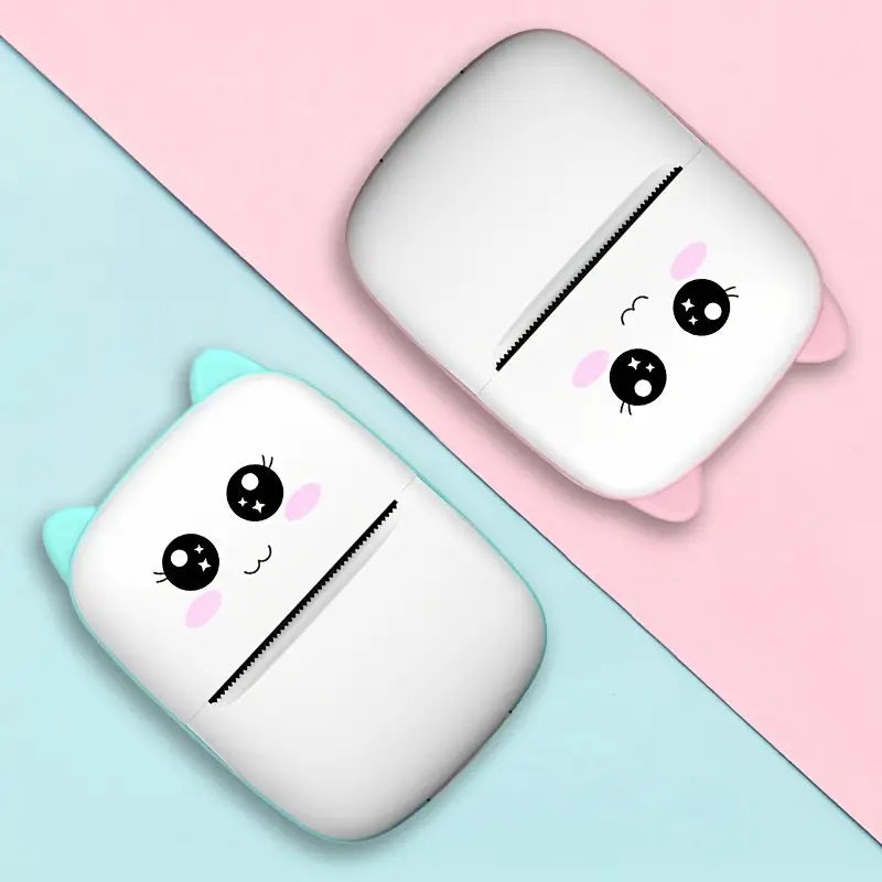 Mini stampante termica portatile due pezzi: gatto bianco con orecchie azzurre e rosa