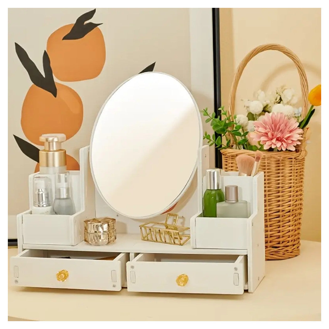 Specchio trucco bianco con organizer, specchio rotondo e due cassetti frontali