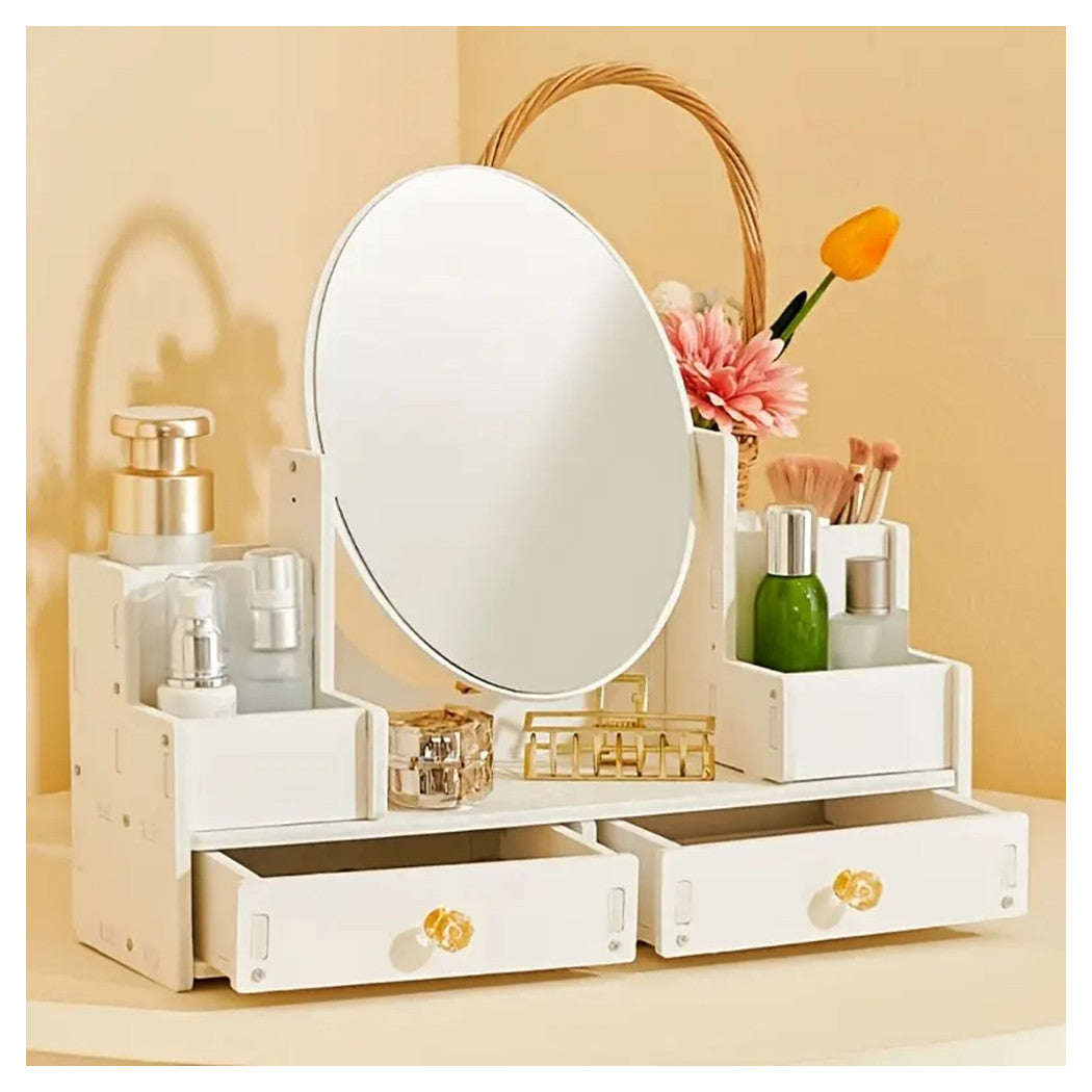 Specchio trucco bianco con organizer, specchio rotondo e cassetti con maniglie dorate