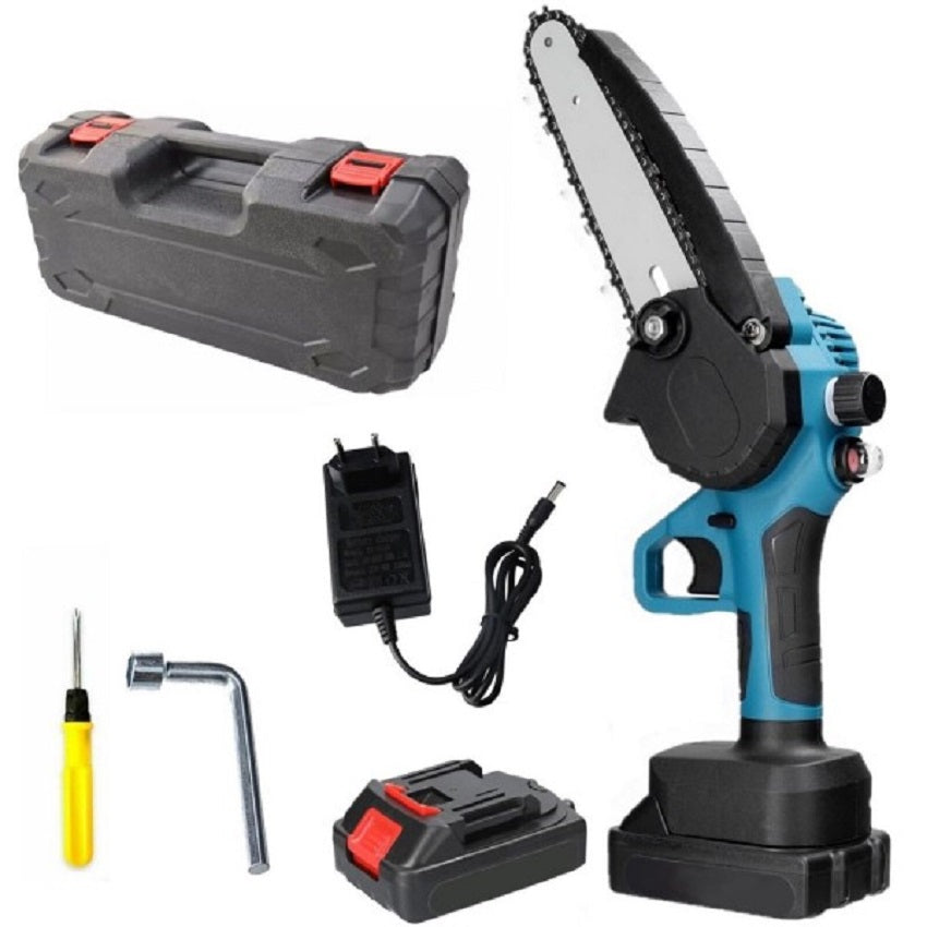 Mini motosega elettrica a batteria blu/nera con lama da 6" e accessori