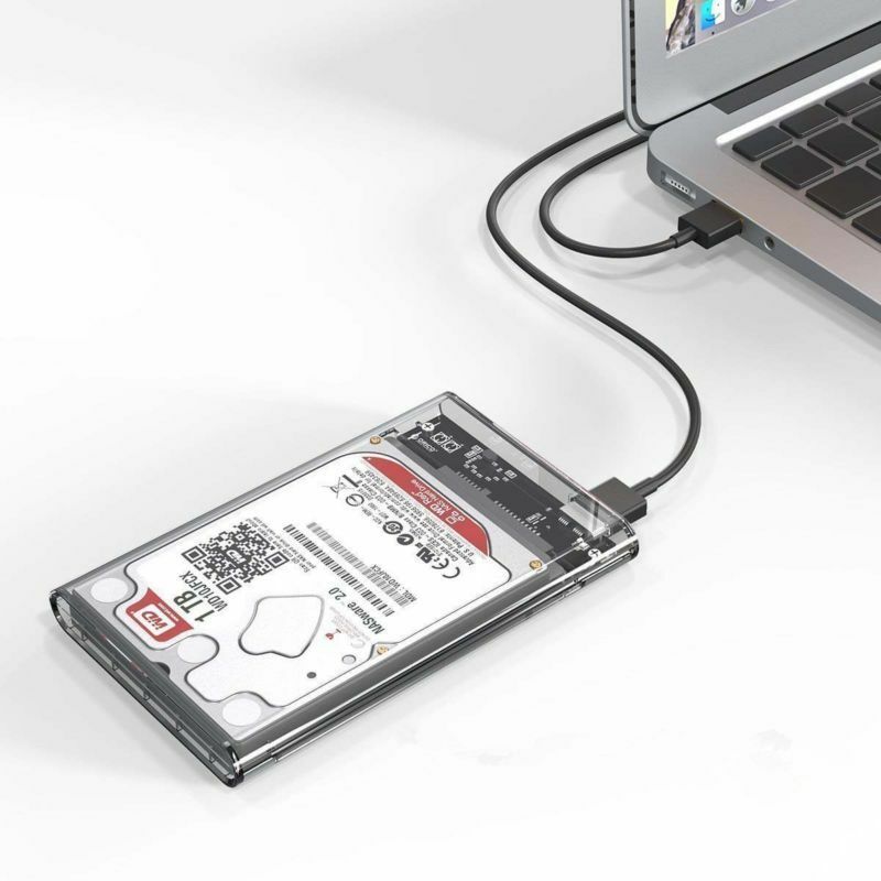 Custodia esterna trasparente 2,5 pollici con HDD SATA inserito e cavo USB