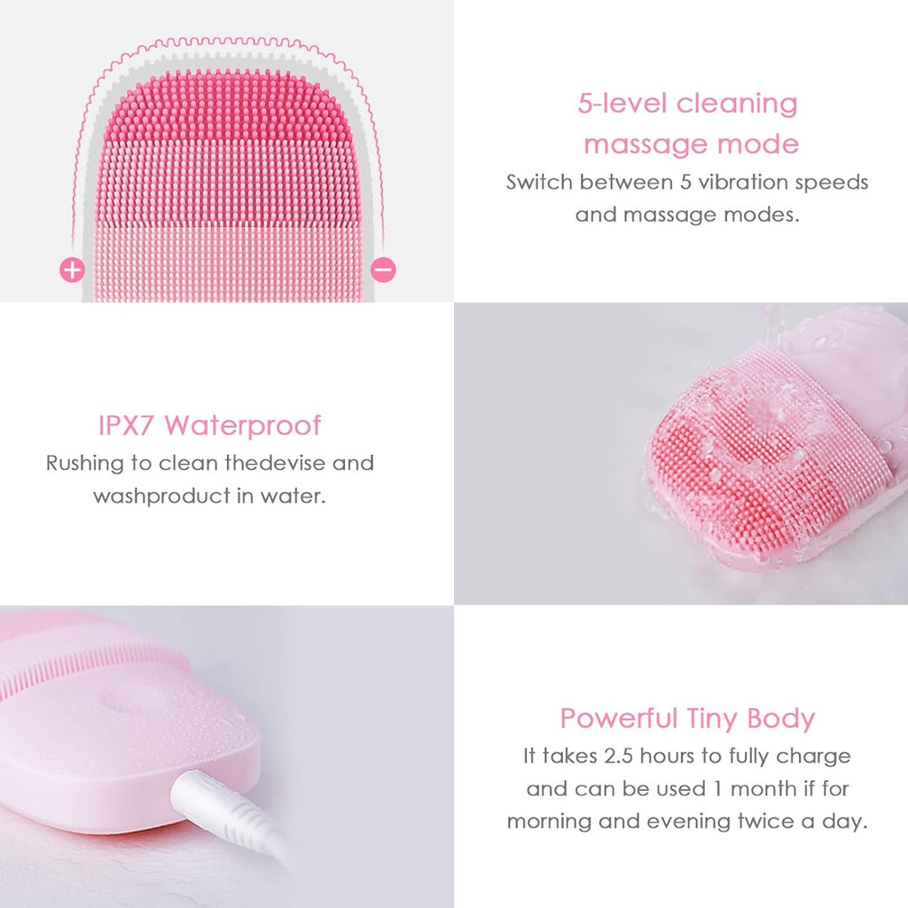 Spazzola elettrica per il viso in silicone rosa, design compatto con testina
