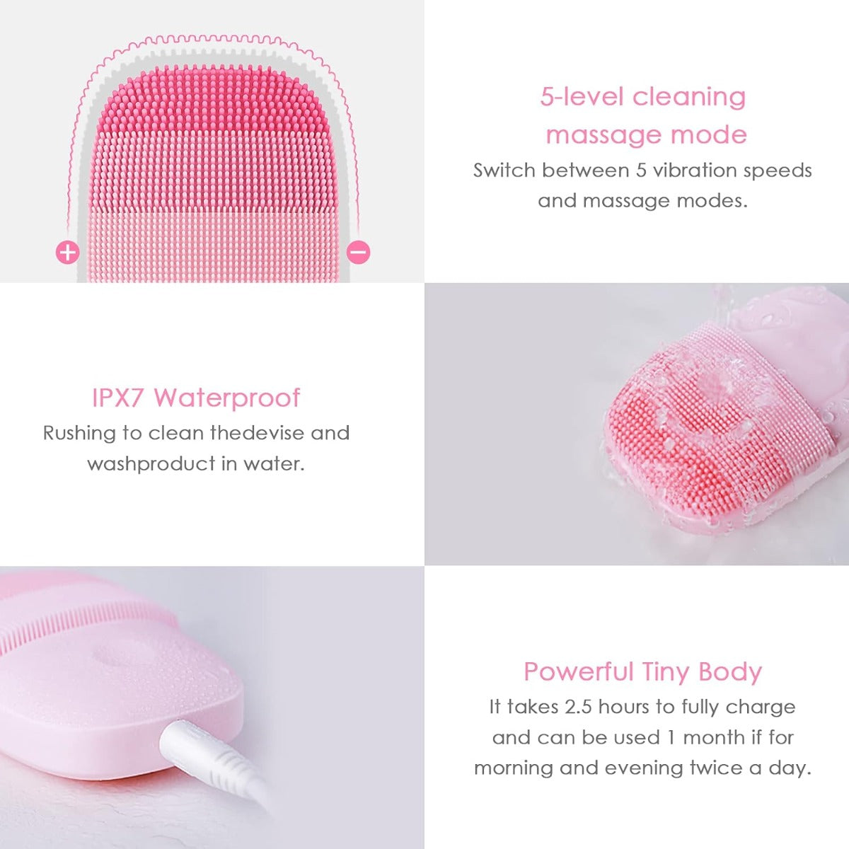 Spazzola elettrica per il viso in silicone rosa, design compatto con testina