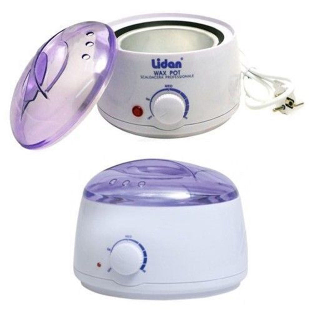 Scaldacera Lidan con coperchio viola aperto, vaschetta interna e spina.