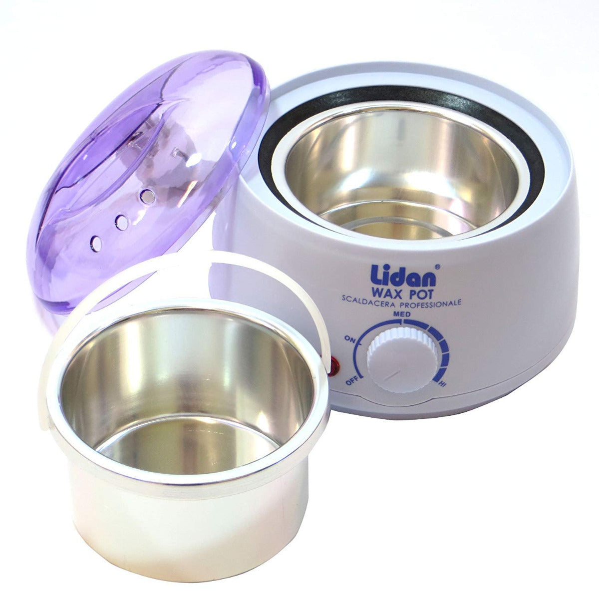 Scaldacera Lidan con due contenitori inox e coperchio trasparente viola.