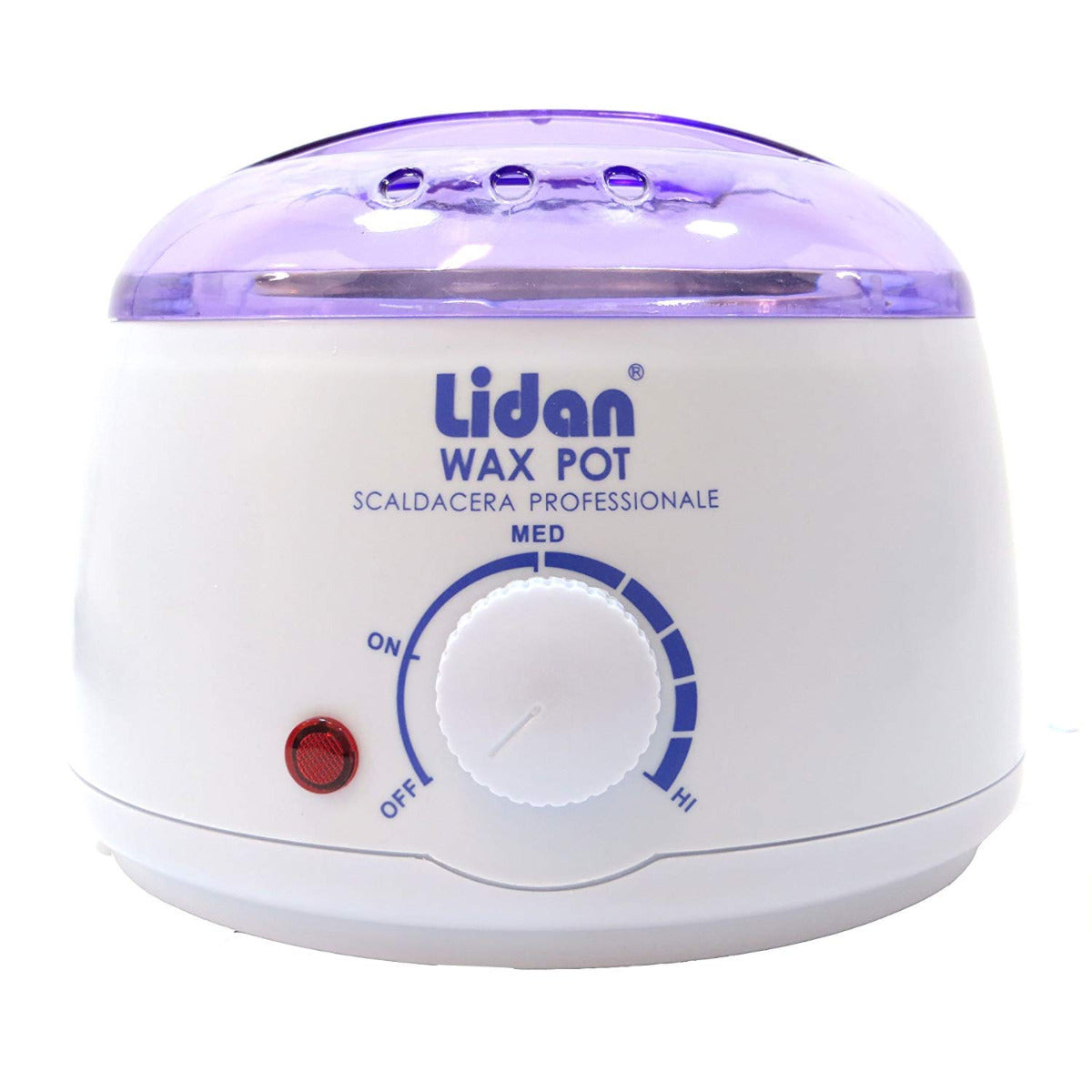 Scaldacera Lidan con coperchio trasparente viola e manopola di controllo.