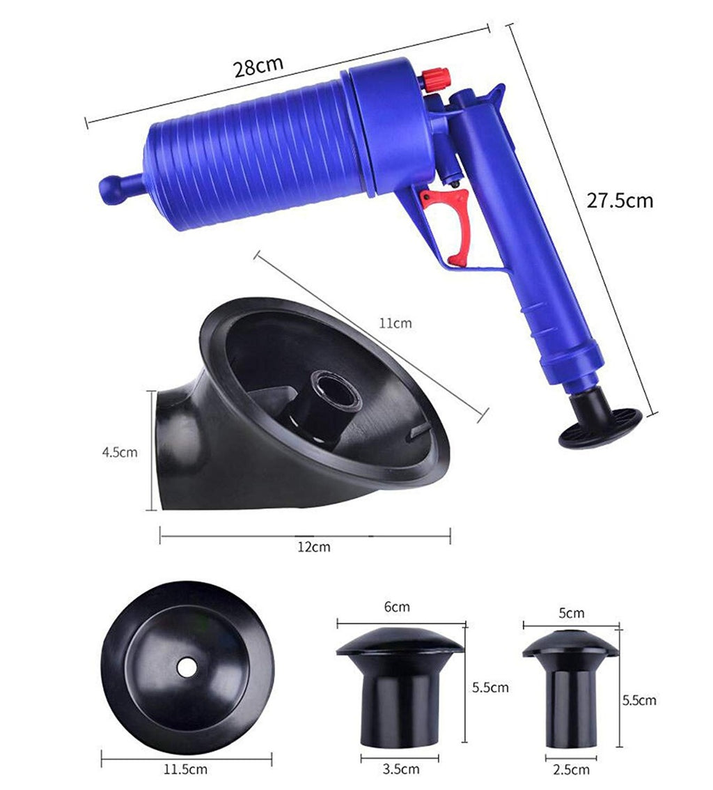 Sturalavandini ad aria compressa blu con ventosa nera sagomata e dimensioni