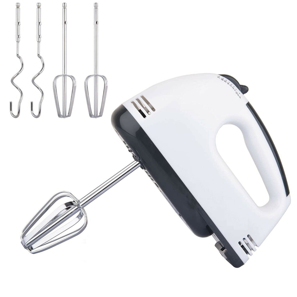 Frullatore elettrico bianco con frusta e accessori a spirale in acciaio